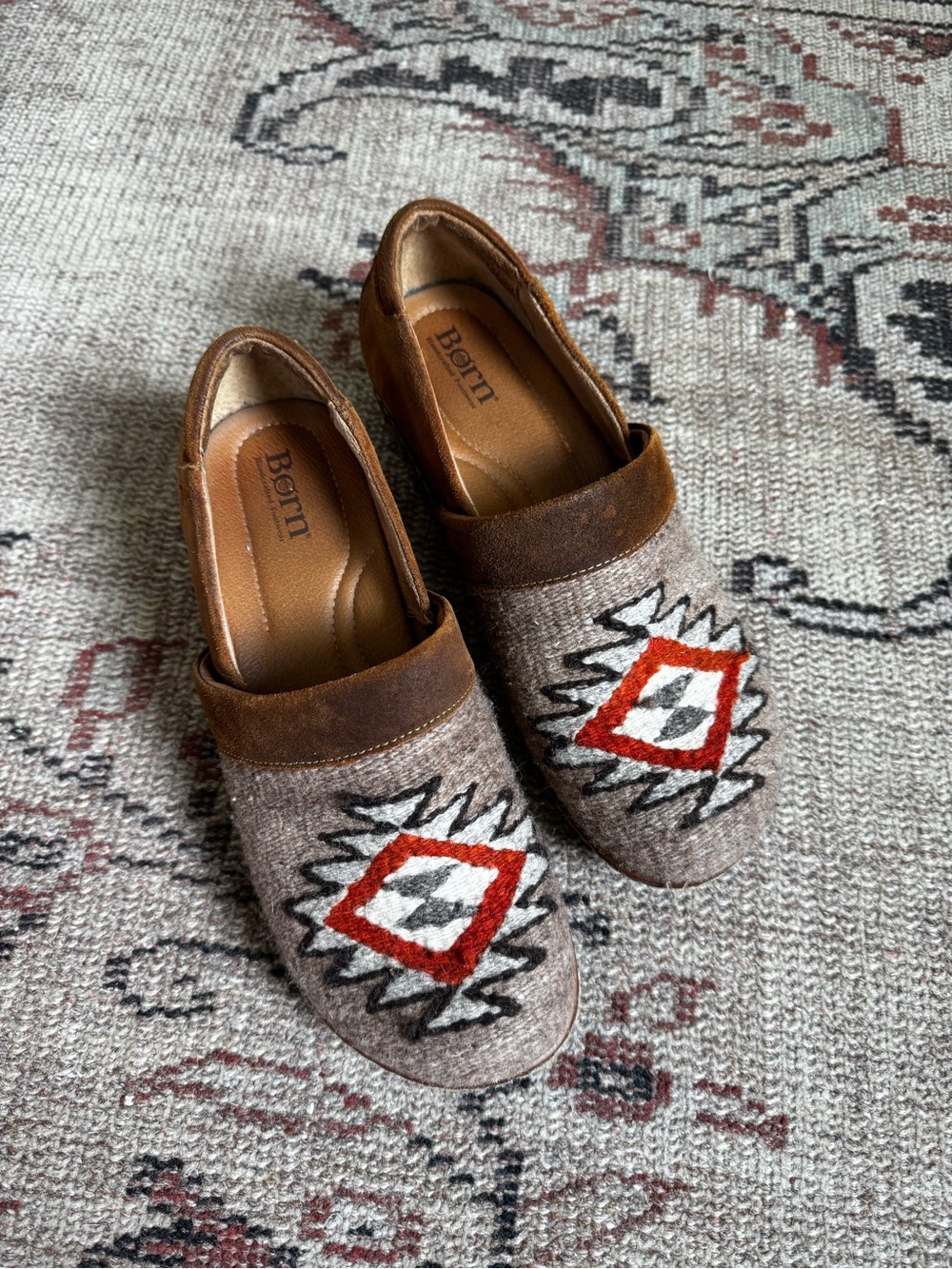 Born Bailie Brown Leather Clog with Wool Like Aztec Pattern